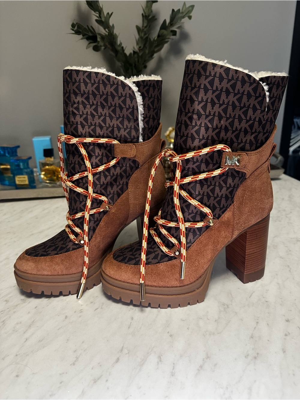 Michael Kors Brown Suede & Brown MK Monogram Lace-Up Heeled Ankle Boots